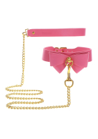 Collare con fiocco e guinzaglio a catena in similpelle rosa-oro