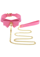 Collar w. Bow & Chain Leash PU-Leather pink-gold with golden-colored Metal Hardware from TABOOM buy cheap