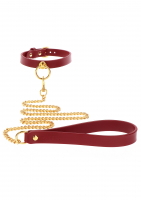 Halsband m. O-Ring & Leine rot-gold Kunstleder