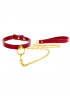 Collare con O-ring e guinzaglio in similpelle rosso-oro 2cm stretto e morbido, regolabile con fibbia in metallo dorato.