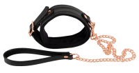 Collar w. Plush-Lining & Chain Leash PU-Leather black matt shiny & rose-golden colored Metal Hardware soft lined buy
