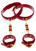 Wrist-Thigh Cuffs w. Connector red-gold PU-Leather