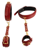 Wrist-Thigh Cuffs w. Connector red-gold-black PU-Leather