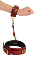Wrist-Thigh Cuffs w. Connector red-gold-black PU-Leather