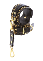Wrist Cuffs studded black-gold PU-Leather w. Rivets & connecting Strap & Snap-Hooks by TABOOM buy cheap