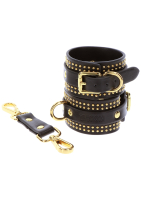 Ankle Cuffs studded black-gold PU-Leather luxurious w. connecting Strap & swiveling Snap-Hooks by TABOOM buy cheap