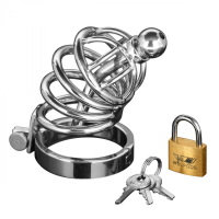 Chastity Cage w. Urethral Plug Asylum Ring SM Stainless Steel