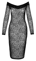 Kleid transparent schulterfrei Feinnetz & Flockprint Leopard