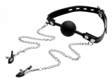 Mouth Gag w. Silicone Ball & Nipple Clamps PU-Leather