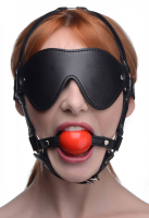 Head Harness w. Blindfold & Ball Gag red PU-Leather
