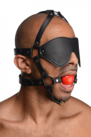Head Harness w. Blindfold & Ball Gag red PU-Leather