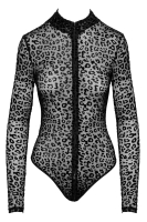 Long-sleeved Body fine Mesh & Flock Print Leopard