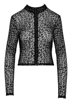 Long Sleeve Top transparent w. Leo-Flockprint & Zipper Velvet-Leopard-Look & Front-Zipper buy cheap