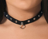 Leather Collar extra slim w. round Studs & Ring narrow Choker w. movable Steel-Ring ond a high Stud from RIMBA buy