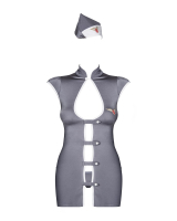 Mini abito uniforme set hostess grigio-bianco elastico tessuto fine con perizoma e cappuccio da OBSESSIVE acquistare a buon mercato
