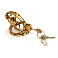 Gabbia per il pene con asta uretrale flessibile Sevanda color oro con 3 diversi anelli per il cazzo con serratura integrata.