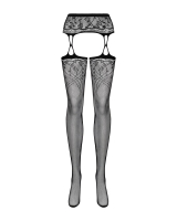 Suspender Tights w. floral Design Obsessive S206 black elastic Rubber Waistband Garter-Belt & Stockings in One buy