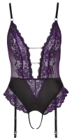 Suspender Bodysuit ouvert Lace & Rhinestones purple-black